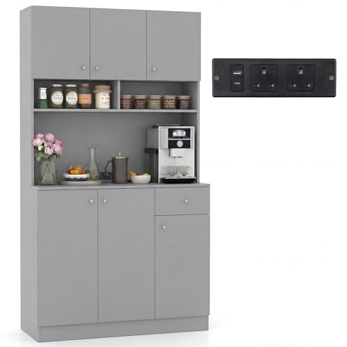 COSTWAY Tall Kitchen Cupboard, 6-Door Buffet Pantry Storage Cabinet with Outlets, USB Ports, Adjustable Shelves & Anti-Tipping Kits, Freestanding Sideboard Organizer for Dining Living Room (Grey)