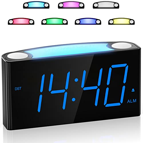Réveil Numérique Bruyant, Grand Écran LED, Veilleuse 7 Couleurs, Variateur, 2 Ports de Chargement USB, 12/24 H, Prise, Batterie de Secours pour Gros Dormeurs Enfants Adolescents Garçons Filles