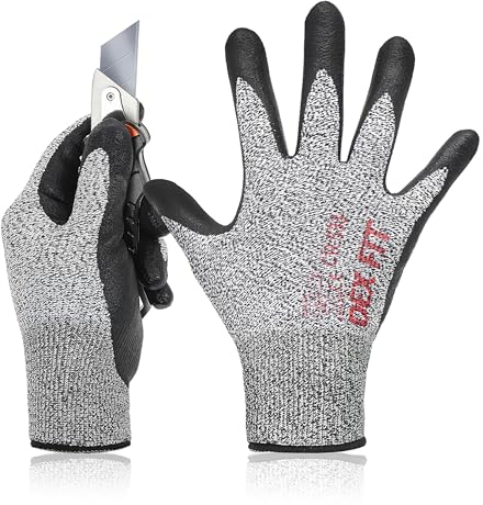 DEX FIT Gants de protection anti coupures CR533 Niveau 2; antidérapants, mince et léger, durable et revêtu de mousse de nitrile, confort 3D, doux et lisse, lavable; Gris 10 (XL) 1 Paire