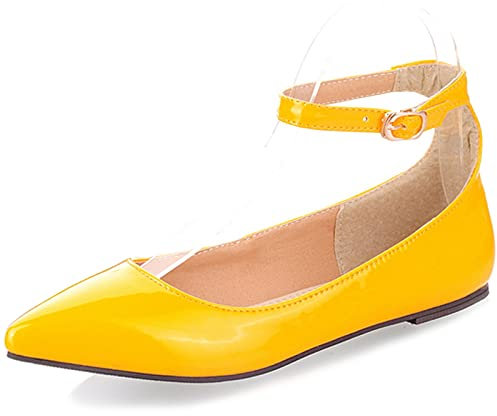 MJIASIAWA Women Ankle Strap Mary Jane Dolly Shoes Pointed Toe Walking Flats Ballerina Comfort Ballet Dance Office Work Flat Yellow Size 5 UK/39 Asian
