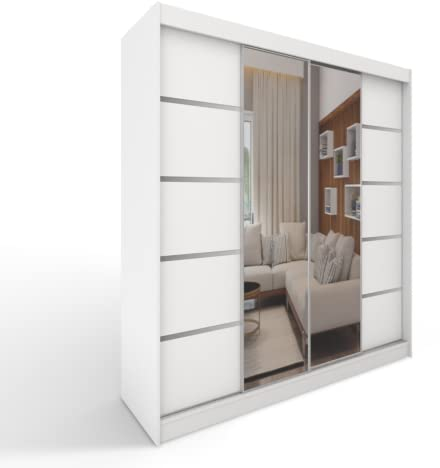 ML Furniture C5 Schiebetüren Kleiderschrank 150 x 200 x 58 cm mit Spiegel - Schlafzimmermöbel, Aufbewahrung - Mehrzweckschrank - Farbe: Weiß - 2 Schiebetüren
