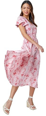 Roman Originals Shirred Empire Waist Dress for Women UK Ladies Midi Maxi Summer Spring Tiered Frill Hem Short Sleeve V Neck Button Through Boho Bohemian Holiday Cruise - Petite Coral - Size 12