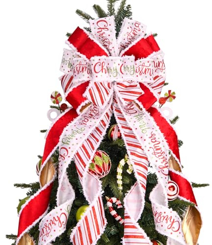 Christmas Tree Topper Bow Christmas Wreath Bow 45x12 Inches Large Burlap with White Red Polyester Edge Gift Bow for Xmas Tree Décor Christmas Home Indoor Outdoor Decoration