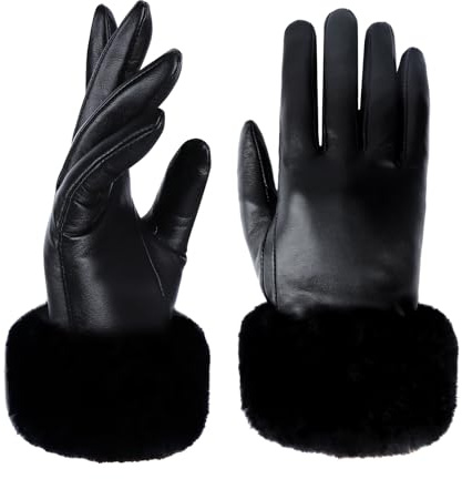 Yicorgard Guanti da donna in pelle di pelliccia guanti invernali caldi guanti da guida con polsino in pelliccia di coniglio nero, Polsino in pelliccia nera, Medium