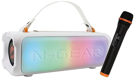N-Gear Blazooka 703 Weiß - Tragbarer, kabelloser und Kleiner Bluetooth Lautsprecher - Inklusive kabellosem Mikrofon und Disco Licht - 100 Watt Musikbox und 5 Stunden Spielzeit.