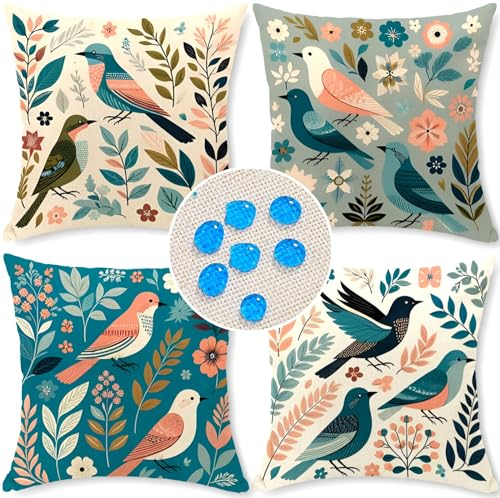 wtisan Kissenbezug 45 x 45 cm Dekorative 4er Set Wasserfest Outdoor Kissen Gartenkissen Wetterfest Atmungsaktiv Vögel und Blumen Kissenbezug Gartendeko für Draußen Heim Sofa Garten…