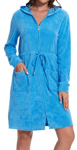 Mnamo Elegante accappatoio da donna con cappuccio e cerniera in spugna corto e leggero, turchese, XXL