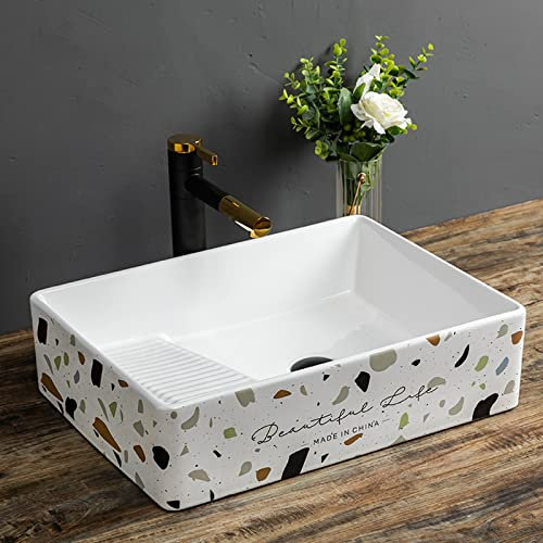 Fregadero de baño Fregadero rectangular for baño con tabla de lavar, lavabo de cerámica de porcelana blanca sobre encimera, sin orificio de desbordamiento, solo fregadero de cerámica Lavabo del baño