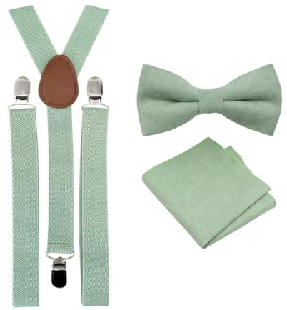 Luxuriöse Herren-Fliege aus Baumwollmischgewebe, Einstecktuch und Hosenträger-Set, Fliege und Einstecktuch & Eukalyptus Hosenträger Salbeigrün, Bow Tie: Length 11.5cm. Width: 7.5cm