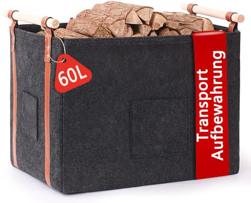 Pynhoklm® Cesta para leña de chimenea, 60 l, para leña de chimenea, 4 mm de grosor, cesta de fieltro para leña, cesta para leña, cesta para leña de chimenea, periódicos, ropa para transporte y