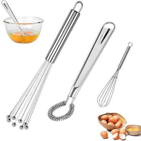 CHENNAN 3 pezzi Mini fruste, Set di 3 fruste da cucina in acciaio inox, Fruste in acciaio inox portatile e frusta con filo spesso, Fruste a spirale piatta, Frusta da Cucina a Spirale (Argento)