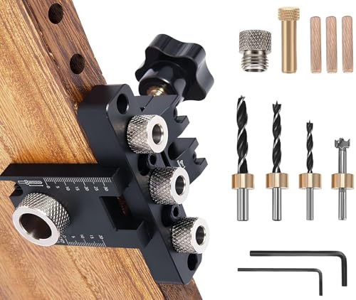 8/10/15mm Dima di Foratura, JRISBO Kit Dima per Tassellatura con Scala e Morsetto 3 in 1 Utensili da Falegnameria, Regolabile Professionale Legno Tasselli Autocentranti Guida