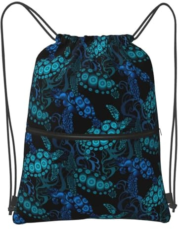 GardEssere Dark Blue Sea Turtle Drawstring Bags Drawstring Gym Bag Waterproof Drawstring Backpack with Zipper Pocket for Kids Adults Beach Swimming Pool School Bag