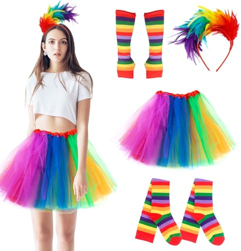 JWTRSVTY 4 PCS Disfraz De Mujer Arco Iris De Carnaval, Disfraz Arcoiris Mujer Set, Con Falda De Tul Arco Iris, Diadema de Plumas de Colores, Guantes Sin Dedos, Calcetines Hasta Rodilla