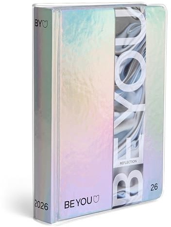 BE YOU Reflection Easy, skoldagbok 2025–2026, 12 månaders daterad kalender, lätt storlek 12,5 cm x 16,5 cm, transparent övertäckning, dagbok med klistermärke och bokmärke