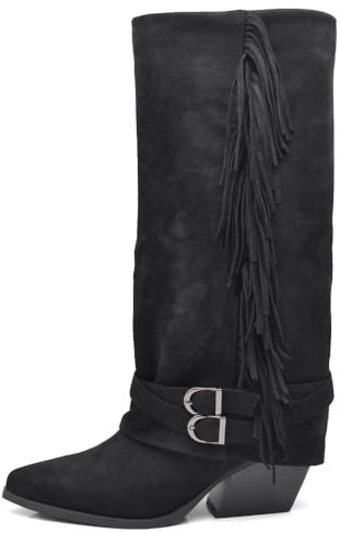 IF Stivali Texani da Donna Cowboy Cowgirl in Camoscio Sintetico con Frange Cinturini e Fibbie Stile Camperos con Ghetta G709 Nero N.41