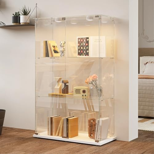 BRILVERDE Vitrine mit 3 Glasablagen, mit LED-Lichtern, Doppeltür mit Schloss, Vitrine für Sammlungen, Bücher, Wein, Büro und Wohnzimmer (Weiß, 123 x 78 x 35 cm)