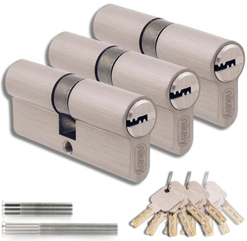 Set 3 Pezzi Cilindro per Serrature in Ottone 40/40mm, Cilindro a Doppia Serratura, Viti e Chiavi Incluse, Montabile Facilmente, Serratura per Porte e Garage, Chiave Unica, Lunghezza 80mm