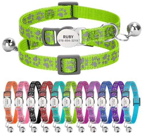 Personalised Reflective Cat Collar with Name Tag,Quick Release Kitten Collars with Bell Safety Buckle, Adjustable Nylon Cat Collar for Cats Kittens UK Prime (19–30 cm, Green Paw)