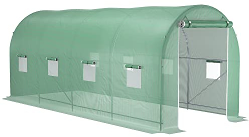 Outsunny Gewächshaus 500x200x205cm Foliengewächshaus Tomatenhaus mit Tür, 8 Fenster, Folientunnel aus verzinktem Stahl, PE, stabiles Treibhaus Pflanztunnel, inkl. Erdanker & Seilen, Grün