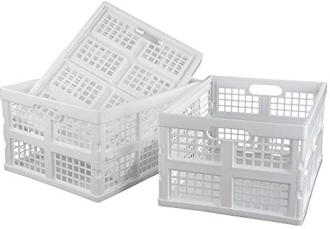 Asking 3-Pack 30 L Plastic Stacking Collapsible Crate, Folding Storage Crate, White