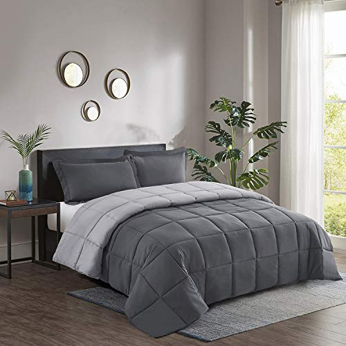 HIG 2 Piece Gray Coverless Duvet Single 135cm x 200cm - Baffle Box Design - 10.5 Tog Down Alternative Reversible Comforter Set with 1 Sham - Corner Duvet Tabs - Machine Washable, Warm, Soft, Fluffy
