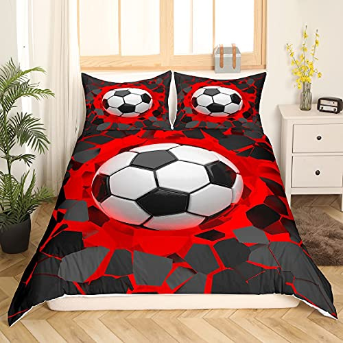 Loussiesd Soccer Ball Bedding Set 3D Geometric Football Duvet Cover for Kids Boys Girls Red Black Comforter Cover Sport Bedding & Linen Room 3Pcs Double,Zipper