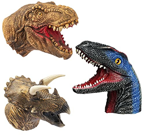 Yolococa Dinosaur Hand Puppets Realistic Latex Soft Animal Head Toys Set, Hand Puppet Toys Gift for Kids, Party Show Imaginative Play (Tyrannosaurus & Triceratops & Velociraptors)