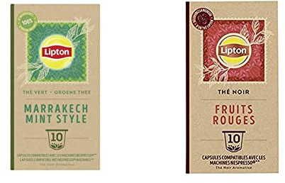 Lipton Thé Vert Marrakech Mint, Thé Noir Fruits Rouges - 10 Capsules Compatibles Nespresso, Antioxydant et Parfumé, Menthe Fraîche et Délicate