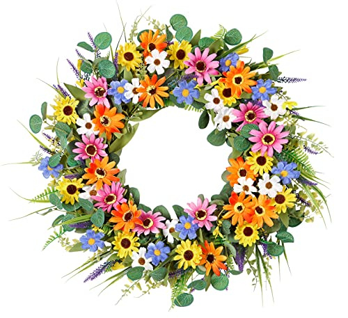 Dremisland 22 Inch Colorful Daisy Wreath Spring Summer Wildflower Wreath with Green Eucalyptus Leaves for Front Door Artificial Floral Wreaths Window Wall Farmhouse Wedding Party Festival Decor
