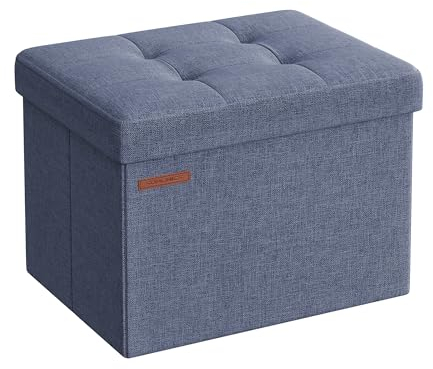 SONGMICS Sitzhocker mit Stauraum, kleine klappbare Sitzbank, 31 x 41 cm Fußbank, Aufbewahrungsbox, bis 130 kg belastbar, für Wohnzimmer Schlafzimmer Schlafsaal, helldenimblau LSF102Q01
