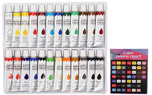 Tissting 24 Farben Gouache Farben Set mit Farbkarte, Je 12ml Röhren Wasserfestes Acryl Gouachefarben Malzubehör Set für Stoff Steinwand Malerei