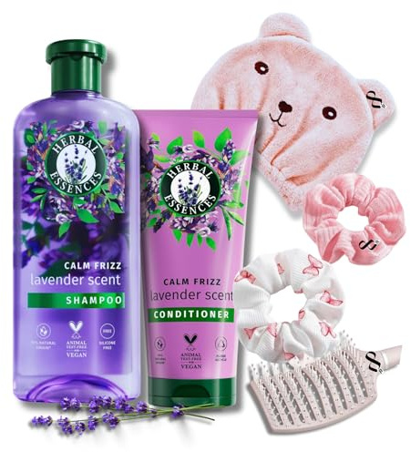 Silicone Free Calm The Frizz Vegan Shampoo and Conditoner Set bundle with Herbal Essences Lavender 350ml Shampoo,250ml Conditioner & Infinite Emblems Hair Care Drying Cap Brush,Scrunchies.