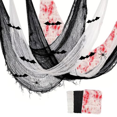 3 Pezzi Tessuto Spaventoso di Halloween Panno Inquietante Panni di Mussola Nero Bianco Rosso Halloween Decorazioni Casa per Porte Sale Verande Ponti Finestre (200 x 76 cm)