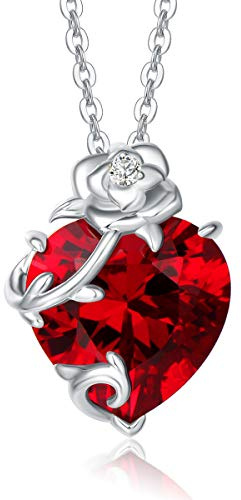 FANCIME Collier Pierre de Grenat en Forme de Cœur Rose pour Femme, Pendentif Fleur de Rose en Argent 925, Cadeau Anniversaire Fête des Mères Noël, Bijou Femme Fille Épouse