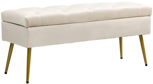 HOMCOM Sitzbank mit Stauraum, Polsterbank mit Deckel, Bettbank mit Samtoptik, für Flur Schlafzimmer Wohnzimmer, Metallrahmen 102 x 35 x 43 cm Beige