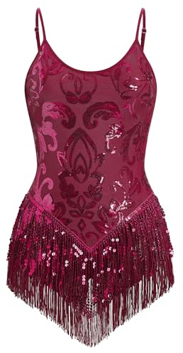FYMNSI Body de danse latine à paillettes pour femme - Sans manches - Paillettes scintillantes à franges - Body - Justaucorps - Leotard - Combinaison - Maillot de gymnastique XS-XL, rouge bordeaux, M