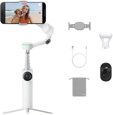 Insta360 Flow 2 Pro Vlog-paket vit – vikbar AI-telefon gimbal, spår i 200+ appar med Apple DockKit, 360º panorespårning, inbyggt stativ/selfiepinne, fjärrkontroll, spotlight/ryggsäcksfäste