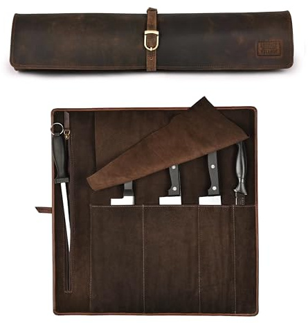 LEATHER VILLAGE Genuine Leather Knife Roll Bag For Chef Professional-Brown