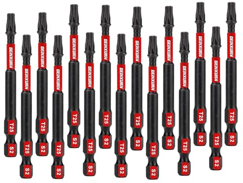GEINXURN 15 stycken T25 slagtålig skruvbitssats 75 mm längd stark magnetisk #25 Torx skruvdragare bit 1/4 tum sexkantsdriftsbits, S2 legerat stål T25 skruvmejsel bits set
