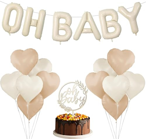 Baby Shower Balloons 19 Pcs,Baby Shower Decorations,6 Beige OH BABY Balloon and 12 Love Balloon and 1 Wooden Socket Strip for Gender Reveal Backdrop Party Decorations