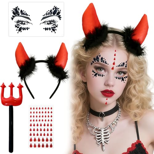 AWAVM Halloween Costume Diavolo Donna 4 Pezzi – Cerchietto Corna con Strass Rossi, Tatuaggio Cicatrice, Bacchetta Magica, Accessori Carnevale e Cosplay Donna Ragazza Adulta