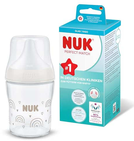 NUK Perfect Match Biberon | 0+ mois | 120 ml | Biberon anti-coliques | Verre | Indicateur de contrôle de température | Arc-en-ciel | Lot de 1