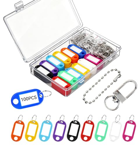 ILANNALI 100 Stück Schlüsselanhänger Beschriftbar Set, 10 Farben Schlüssel anhänger mit Beschreibbaren Etiketten, 50 Kugelketten und 20 Karabiner