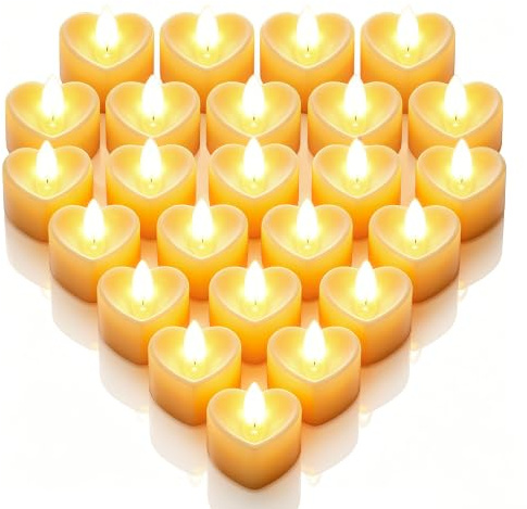 24 Pièces Bougies à LED Chauffe Plat sans Flamme, Forme de Coeur Bougies LED pour fêtes,Mariage, Maison, Pâques, Saint-Valentin