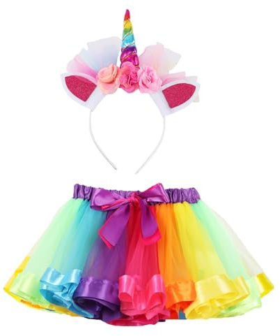 MUNSKT Deguisement Licorne Fille Princess Jupe Tutu en Ruban Arc-en-Ciel pour Les Filles Bandeau Licorne Costume de Ballets avec Bandeau Licorne pour Carnaval Fête Anniversaire Cadeaux pour Filles