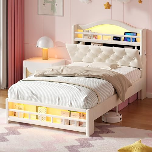 Merax Girls Single Bed 3ft, Velvet Upholstered Bed with Smart RGB LED & Charging Station, Kids Bed Frame with Concealed Storage Headboard, USB & Type-C, Diamond Tufted, No Mattress, Beige