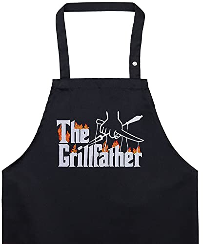 EXPRESS-STICKEREI Grembiule cucina uomo THE GRILLFATHER regolabile con tasca - Grembiule divertente ricamato per maestri della griglia, regalo perfetto per gli amanti della carne