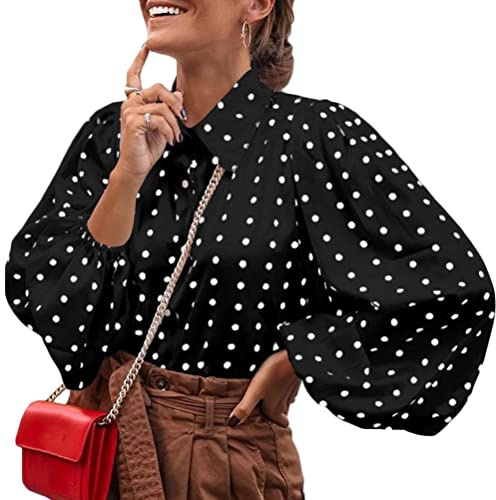 Onsoyours Camicia Donna Elegante Chiffon Blusa a Pois Bavero Maniche a Sbuffo Camicetta da Ufficio Casual Maglietta Top a Manica Lunga Nero XL