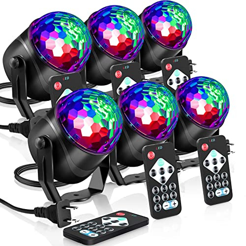 6 Pack Disco Ball Party Lights RGB DJ Strobe Light Lamp, 7 Modes Sound Activated Stage Light with Remote Control Plug in for Home Room Birthday Dance Parties Karaoke Bar Club Pub Wedding Show Xmas